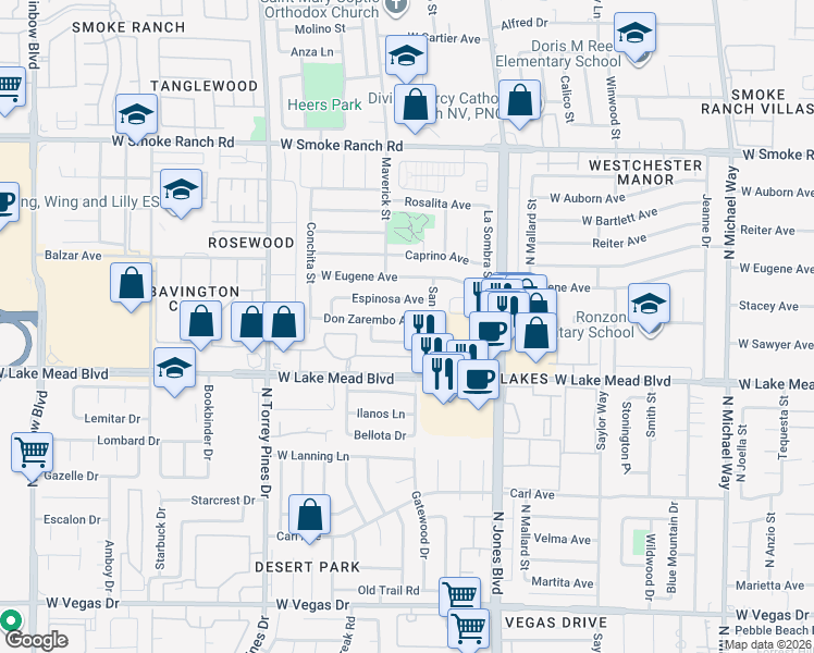 map of restaurants, bars, coffee shops, grocery stores, and more near 6215 Don Zarembo Avenue in Las Vegas