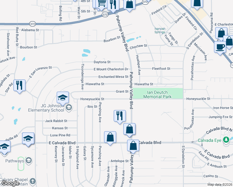 map of restaurants, bars, coffee shops, grocery stores, and more near 1291 Grant Street in Pahrump