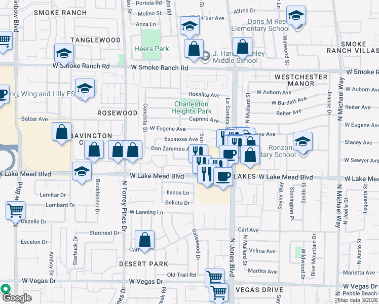 map of restaurants, bars, coffee shops, grocery stores, and more near 6205 Espinosa Avenue in Las Vegas