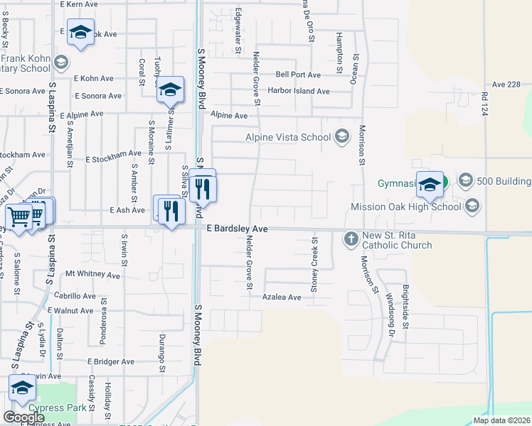 map of restaurants, bars, coffee shops, grocery stores, and more near 2632 Swanson Meadows Avenue in Tulare