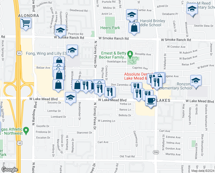 map of restaurants, bars, coffee shops, grocery stores, and more near 6323 Don Zarembo Avenue in Las Vegas