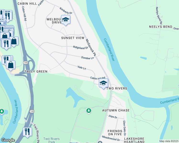 map of restaurants, bars, coffee shops, grocery stores, and more near 2426 Vale Lane in Nashville