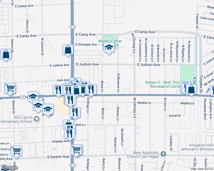 map of restaurants, bars, coffee shops, grocery stores, and more near 2050 Betty Lane in Las Vegas