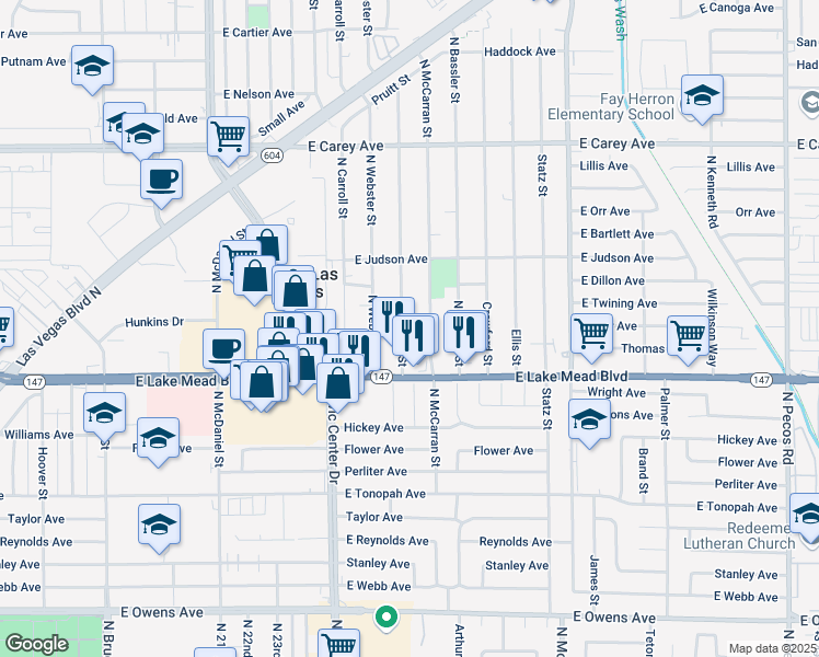 map of restaurants, bars, coffee shops, grocery stores, and more near 2122 Daley Street in North Las Vegas