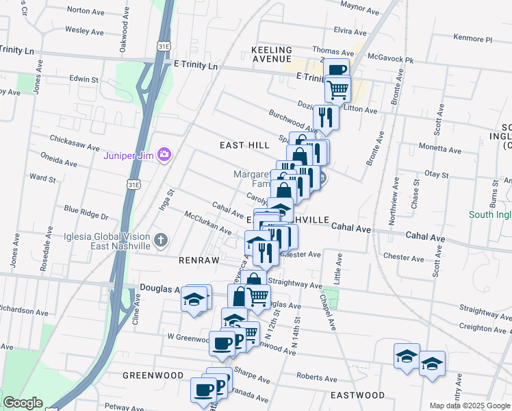 map of restaurants, bars, coffee shops, grocery stores, and more near 1017 Carolyn Avenue in Nashville