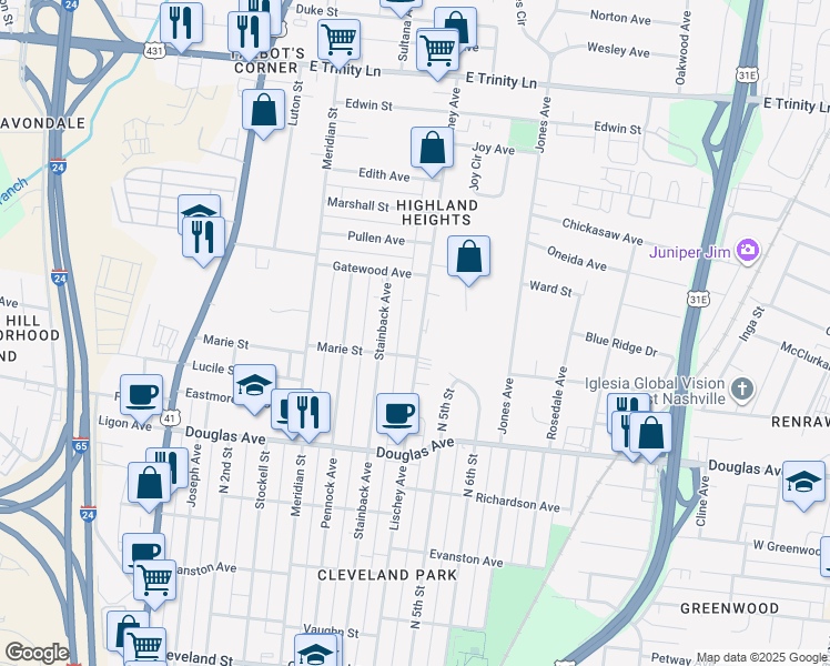 map of restaurants, bars, coffee shops, grocery stores, and more near 1422 Lischey Avenue in Nashville