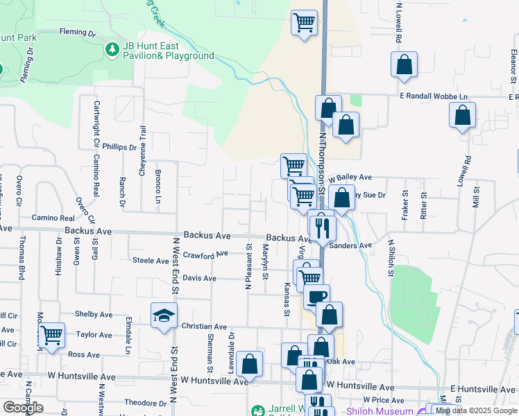 map of restaurants, bars, coffee shops, grocery stores, and more near 1101-1349 North Kansas Street in Springdale