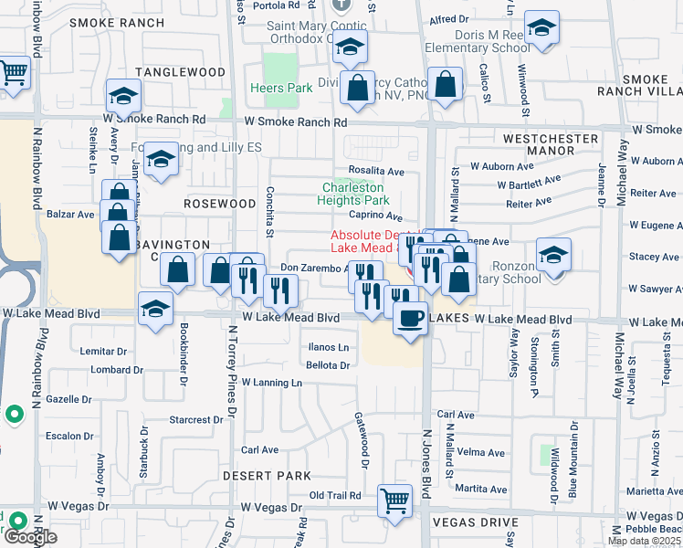 map of restaurants, bars, coffee shops, grocery stores, and more near 6221 Don Zarembo Avenue in Las Vegas
