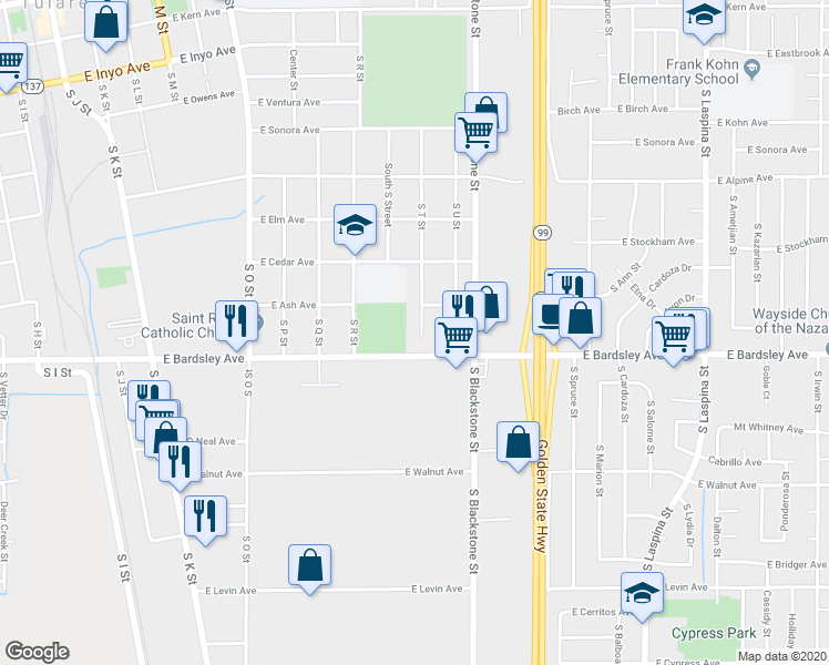 map of restaurants, bars, coffee shops, grocery stores, and more near 941 South T Street in Tulare