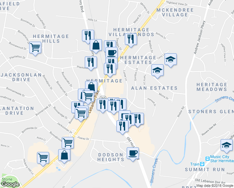 map of restaurants, bars, coffee shops, grocery stores, and more near 4101 Lebanon Pike in Nashville