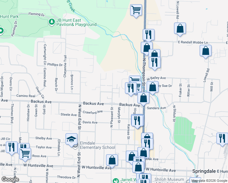 map of restaurants, bars, coffee shops, grocery stores, and more near 1272 Bridgestone Avenue in Springdale