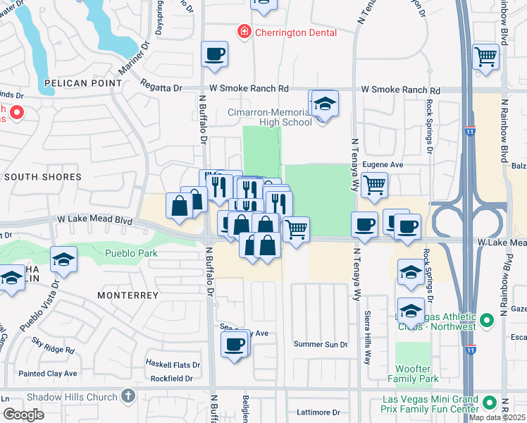 map of restaurants, bars, coffee shops, grocery stores, and more near 7514 Caliche Way in Las Vegas