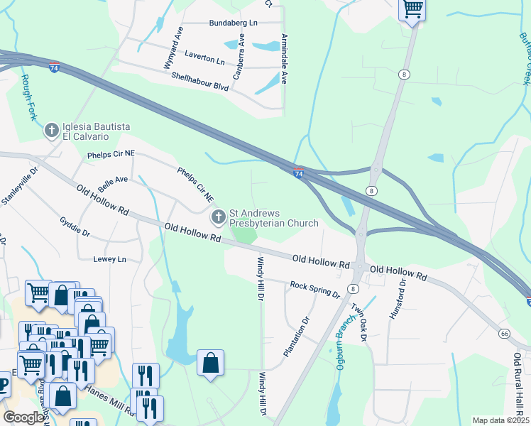 map of restaurants, bars, coffee shops, grocery stores, and more near 524 Holly Ridge Drive in Winston-Salem