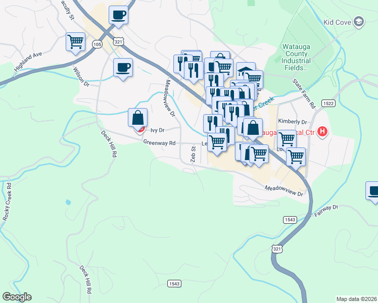 map of restaurants, bars, coffee shops, grocery stores, and more near in Boone