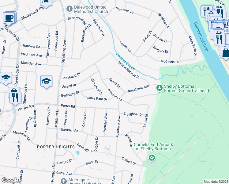 map of restaurants, bars, coffee shops, grocery stores, and more near 1808 Guest Drive in Nashville