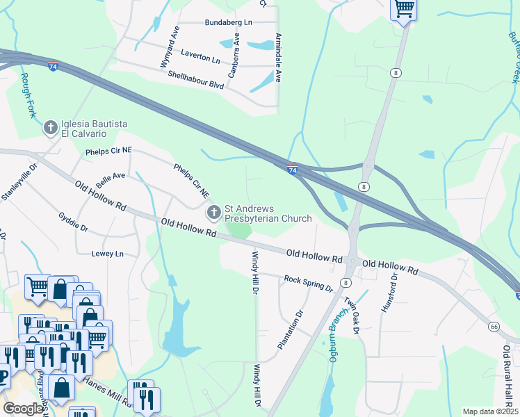 map of restaurants, bars, coffee shops, grocery stores, and more near 524 Holly Ridge Drive in Winston-Salem