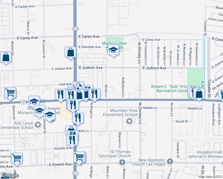 map of restaurants, bars, coffee shops, grocery stores, and more near 2050 Betty Lane in Las Vegas