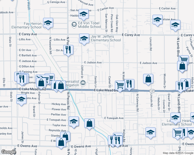 map of restaurants, bars, coffee shops, grocery stores, and more near 2096 Sandy Lane in Las Vegas