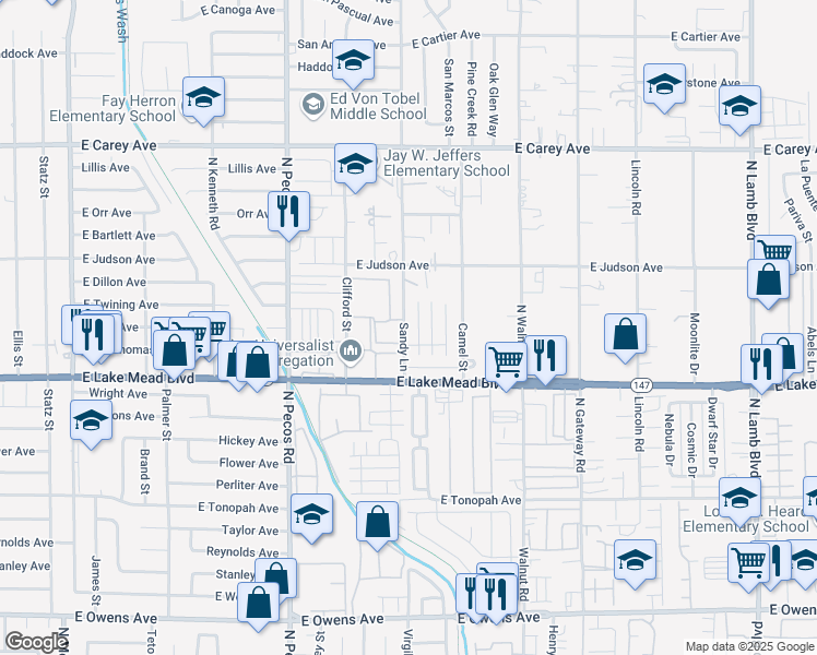 map of restaurants, bars, coffee shops, grocery stores, and more near 2096 Sandy Lane in Las Vegas