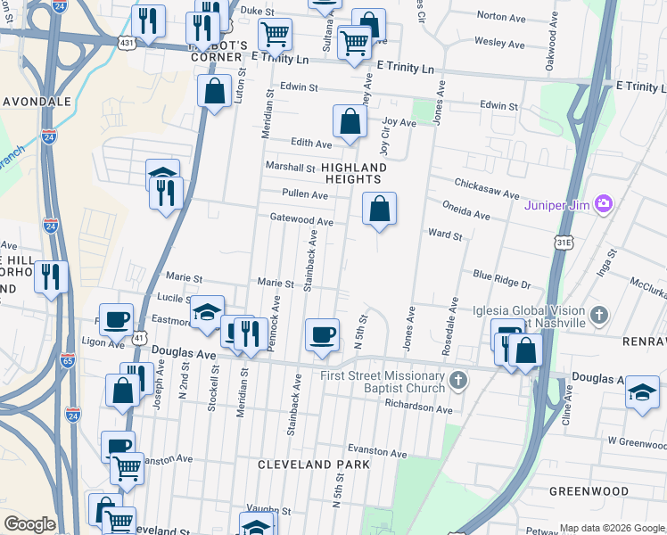 map of restaurants, bars, coffee shops, grocery stores, and more near 1422 Lischey Avenue in Nashville