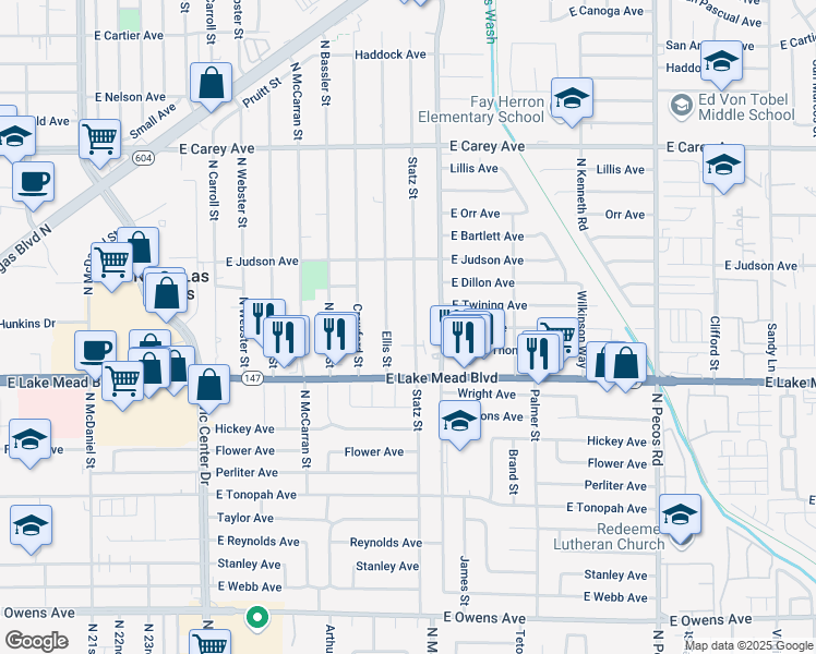 map of restaurants, bars, coffee shops, grocery stores, and more near 2118 Ellis Street in North Las Vegas