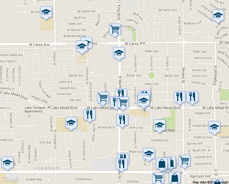 map of restaurants, bars, coffee shops, grocery stores, and more near 2150 North Martin Luther King Boulevard in Las Vegas