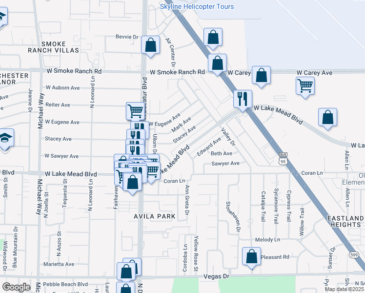 map of restaurants, bars, coffee shops, grocery stores, and more near 4566 Stacey Avenue in Las Vegas