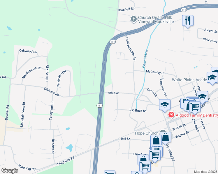 map of restaurants, bars, coffee shops, grocery stores, and more near 360 4th Avenue North in Cookeville