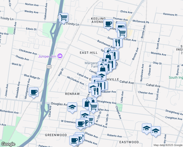 map of restaurants, bars, coffee shops, grocery stores, and more near in Nashville