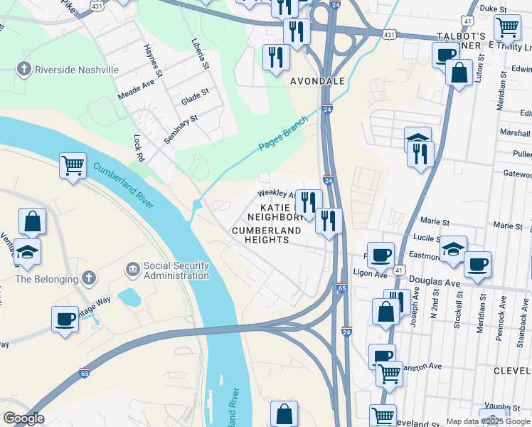 map of restaurants, bars, coffee shops, grocery stores, and more near 506 Vester Avenue in Nashville