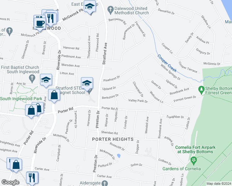 map of restaurants, bars, coffee shops, grocery stores, and more near 1917 Berkshire Drive in Nashville