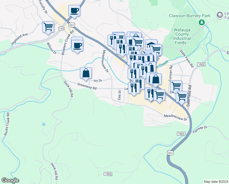 map of restaurants, bars, coffee shops, grocery stores, and more near in Boone