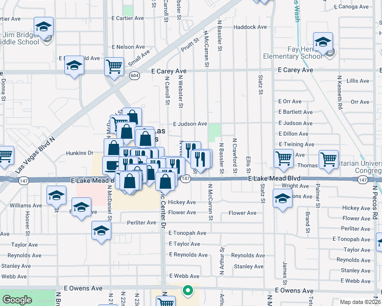 map of restaurants, bars, coffee shops, grocery stores, and more near 2122 North Webster Street in North Las Vegas