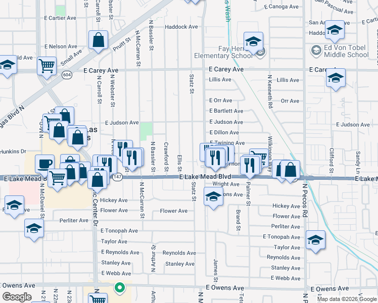 map of restaurants, bars, coffee shops, grocery stores, and more near 2107 Statz Street in North Las Vegas