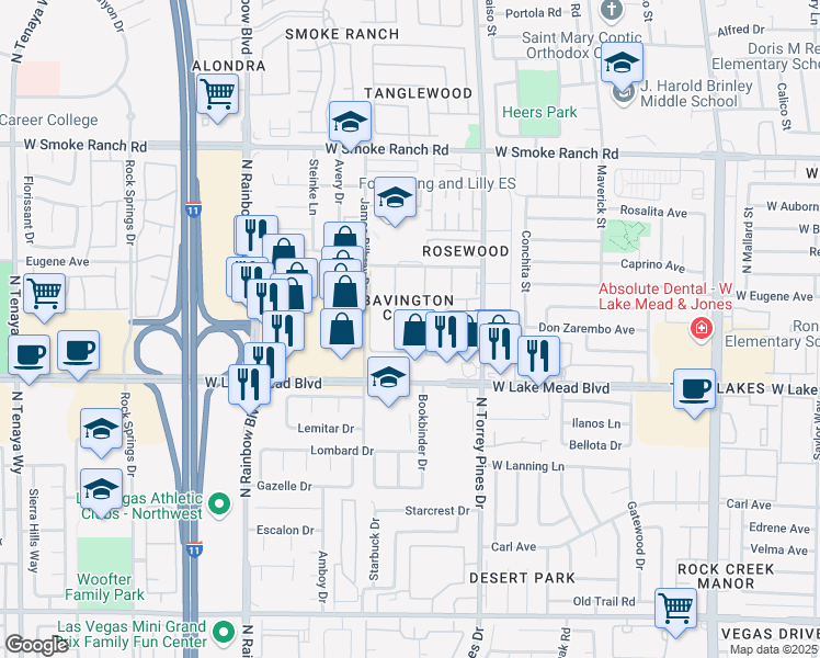 map of restaurants, bars, coffee shops, grocery stores, and more near 2104 Willowbury Drive in Las Vegas