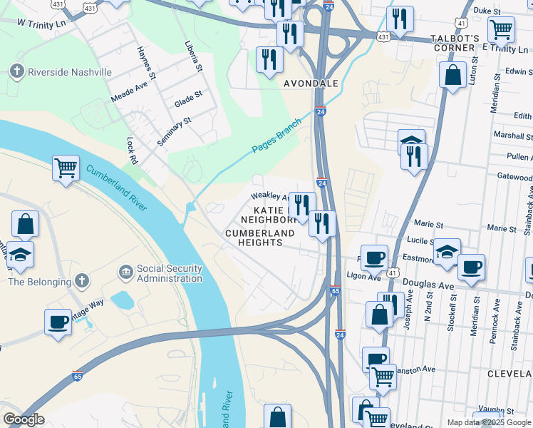 map of restaurants, bars, coffee shops, grocery stores, and more near 1225A Katie Avenue in Nashville