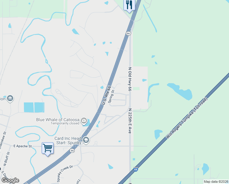 map of restaurants, bars, coffee shops, grocery stores, and more near 3007 Spring Street in Catoosa