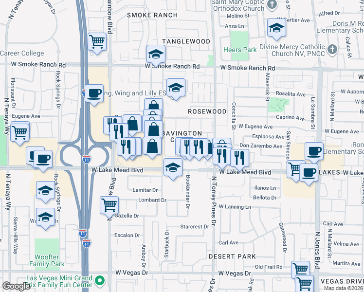 map of restaurants, bars, coffee shops, grocery stores, and more near 2040 Willowbury Drive in Las Vegas