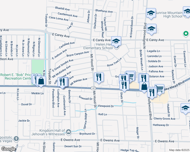 map of restaurants, bars, coffee shops, grocery stores, and more near 6304 Mount Rainier Avenue in Las Vegas