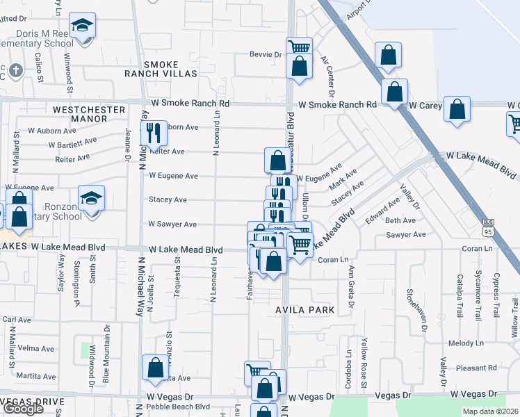 map of restaurants, bars, coffee shops, grocery stores, and more near 4945 Stacey Avenue in Las Vegas