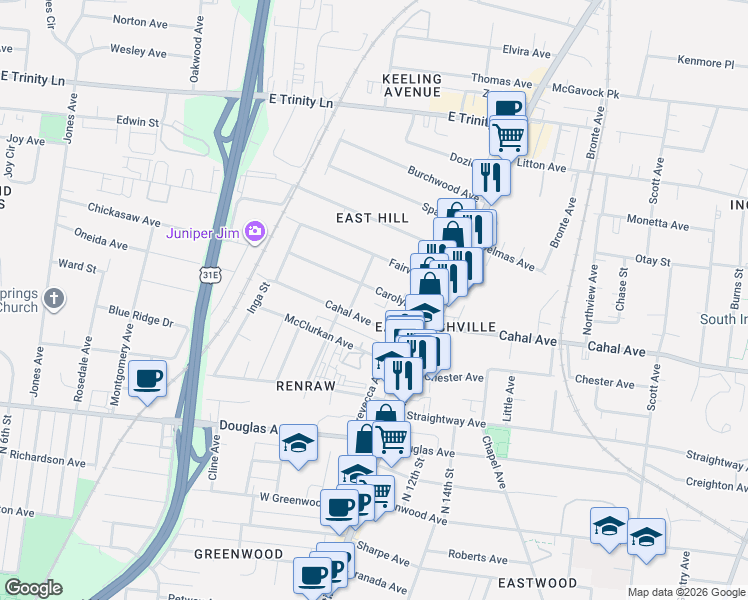 map of restaurants, bars, coffee shops, grocery stores, and more near 1002 Carolyn Avenue in Nashville