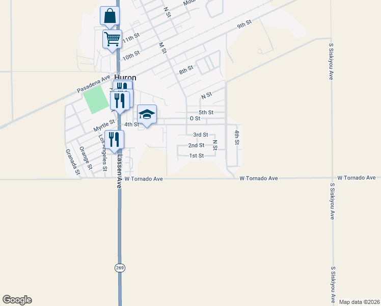 map of restaurants, bars, coffee shops, grocery stores, and more near 16689 2nd Street in Huron