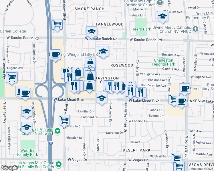 map of restaurants, bars, coffee shops, grocery stores, and more near 2040 Willowbury Drive in Las Vegas