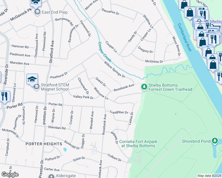 map of restaurants, bars, coffee shops, grocery stores, and more near 1818 Rosebank Avenue in Nashville
