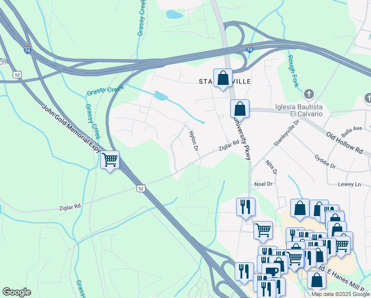 map of restaurants, bars, coffee shops, grocery stores, and more near 5813 Huckleberry Court in Winston-Salem