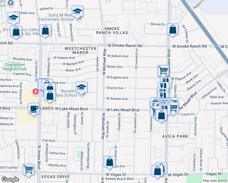 map of restaurants, bars, coffee shops, grocery stores, and more near 5353 West Stacey Avenue in Las Vegas