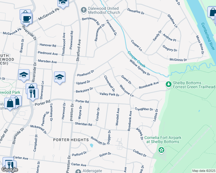 map of restaurants, bars, coffee shops, grocery stores, and more near 1808 Cloverleaf Drive in Nashville