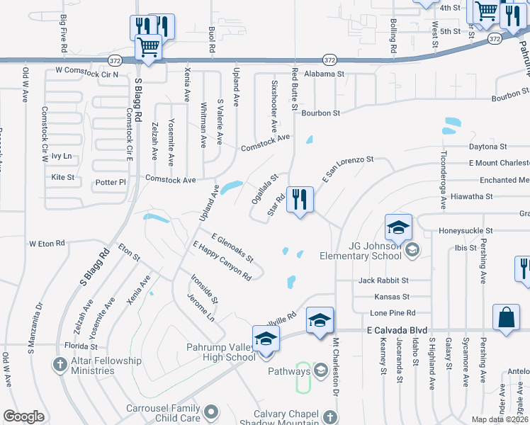 map of restaurants, bars, coffee shops, grocery stores, and more near 1461 Ogallala Street in Pahrump