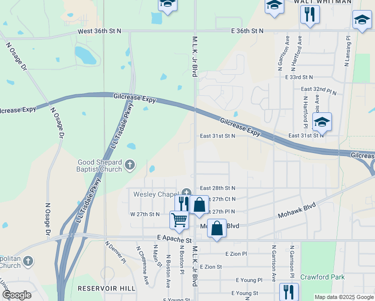 map of restaurants, bars, coffee shops, grocery stores, and more near 3008 Martin Luther King Junior Boulevard in Tulsa