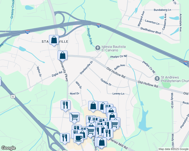 map of restaurants, bars, coffee shops, grocery stores, and more near 5544 Gyddie Drive in Winston-Salem